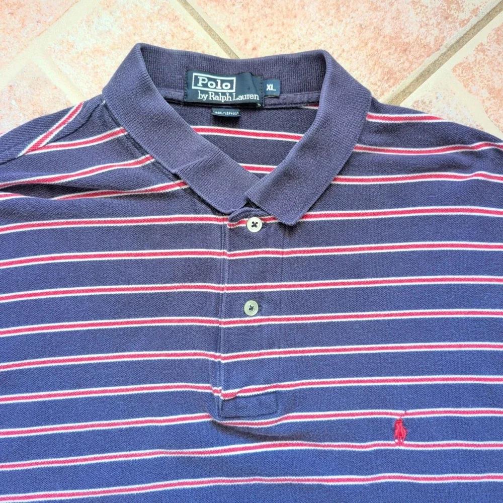 Polo Ralph Lauren Polo Shirt Mens‎ XL Navy Blue Striped Short Sleeve Cotton